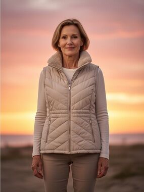 Calvin Klein Quilted Faux-Sherpa Collar Vest - Beige